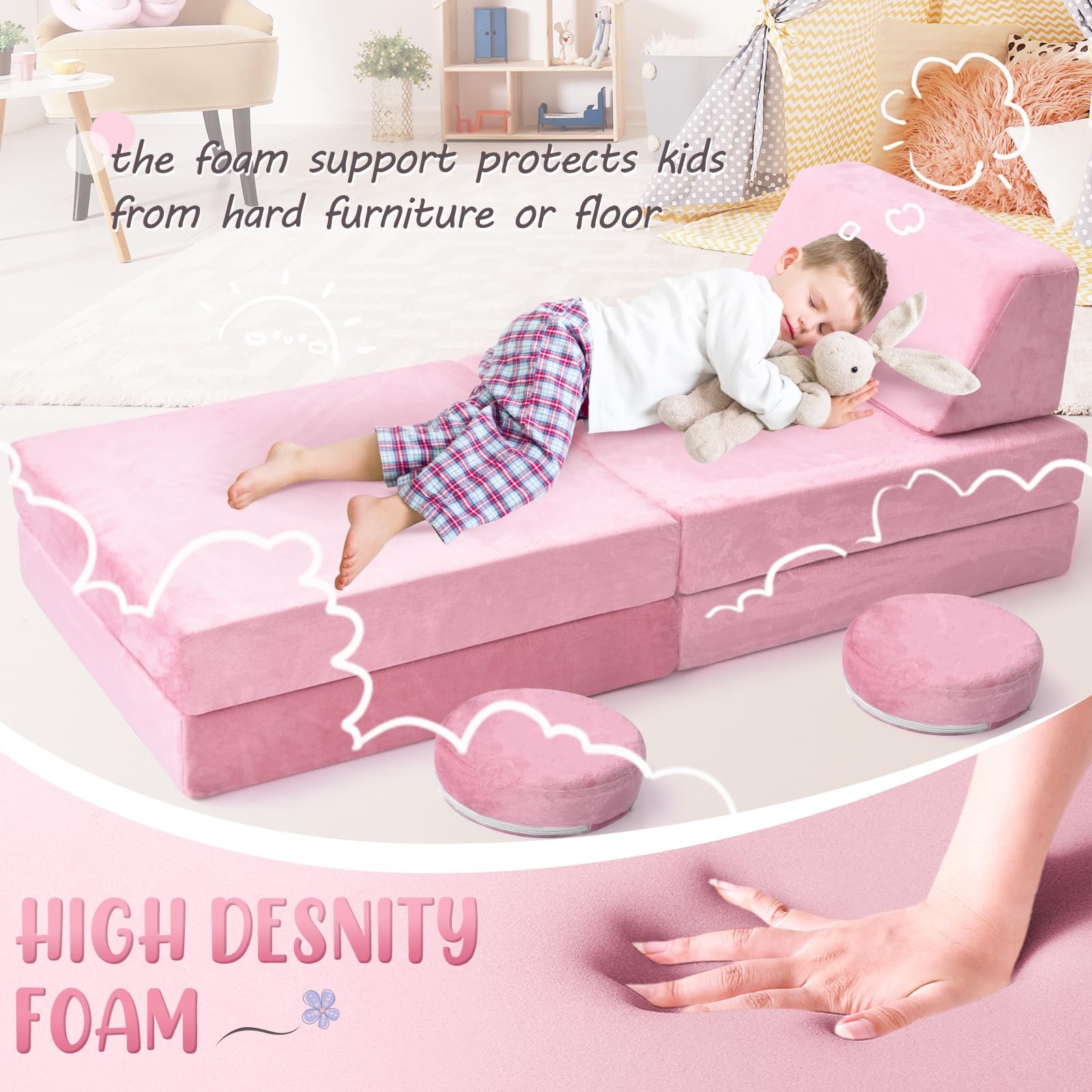 10Pcs Play Couch,Sofa,Modular Couch for Playing, Creativing, Sleeping (Pink)