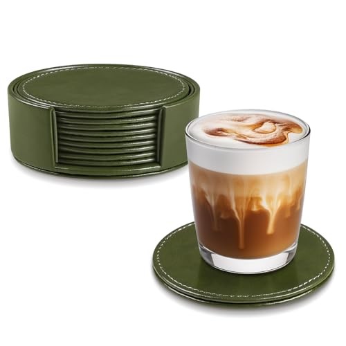 Leather Coasters Set of 6 with Holder, Tabletop Protection, Coffee Table Green