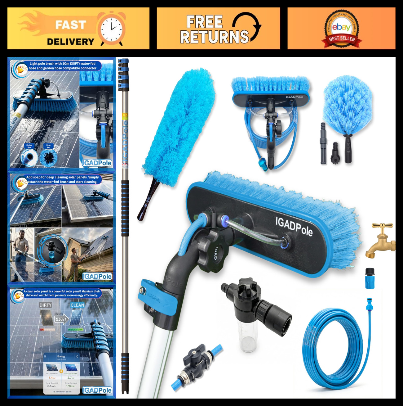17 FT Extendable Water-Fed Cleaning Kit - Telescopic Pole, Soap Dispenser, Brush
