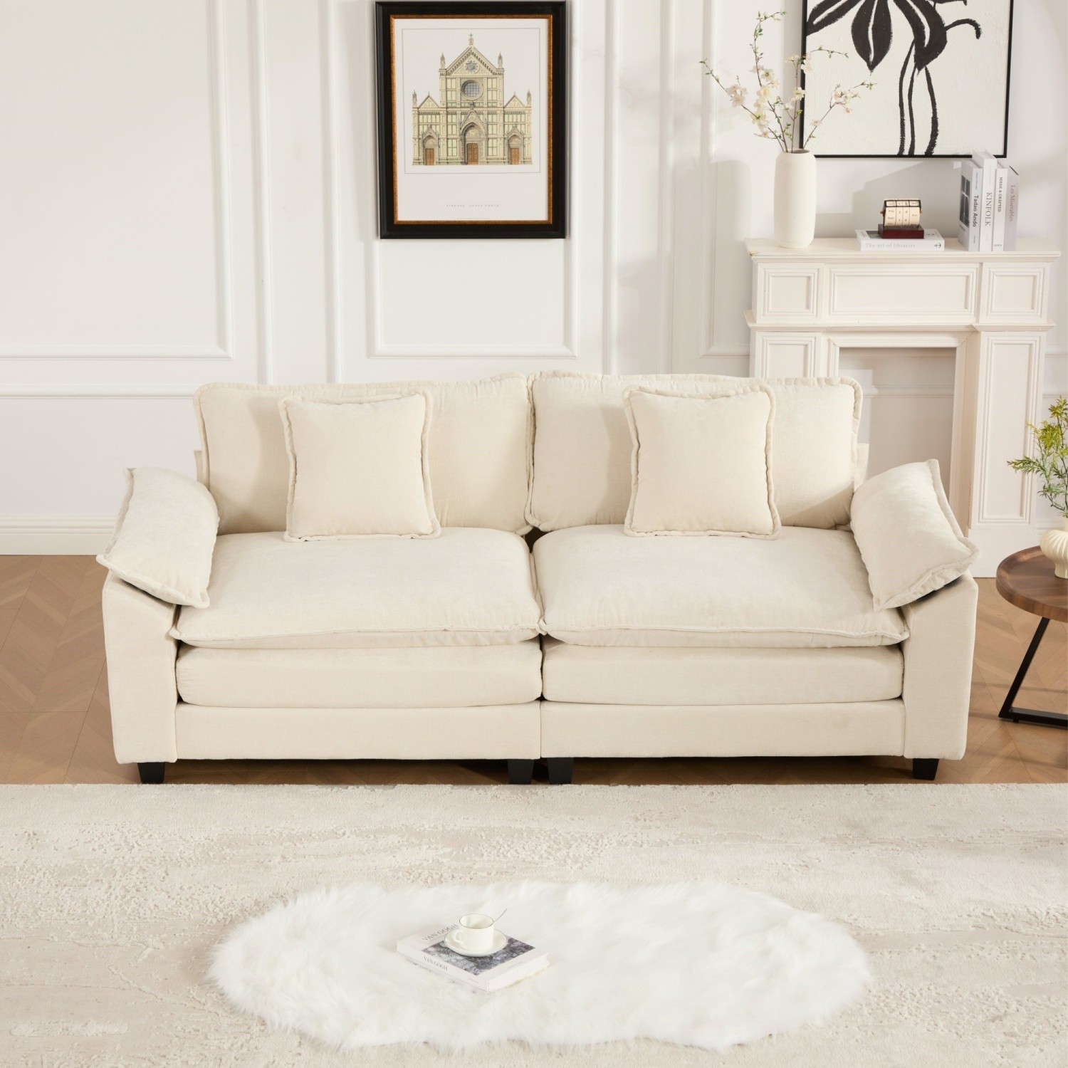 Wide Armrest Modern Chenille Loveseat Sectional Sofa w/ Double Layer Padded Seat