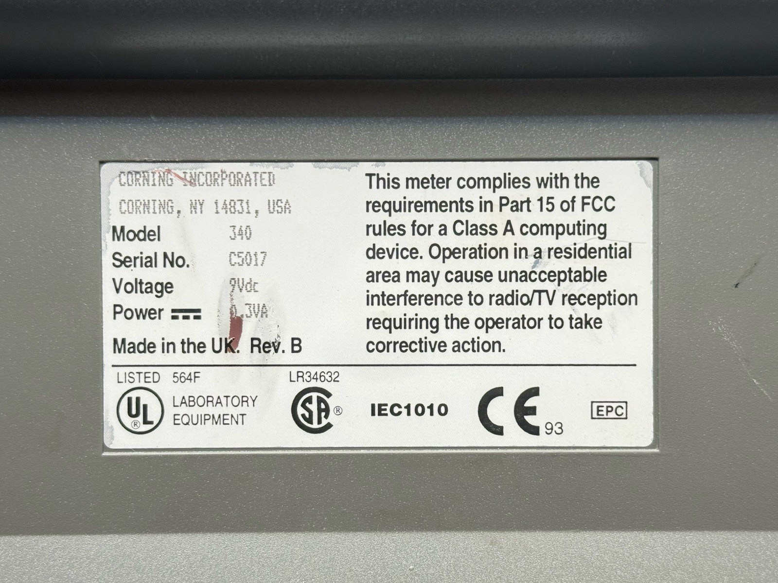 Corning Laboratory Lab pH Meter Measurement Device, Model: 340