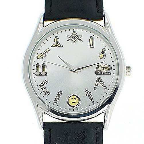 Working Tools - Masonic Watch - Black Leather Band - Round White Face Dial Watch