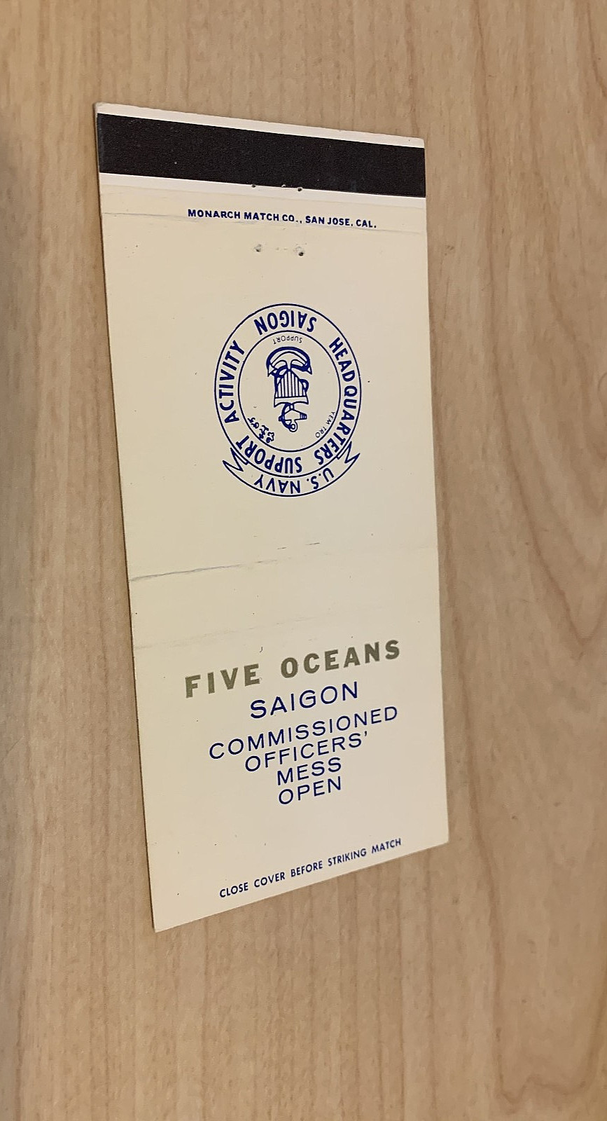 MILITARY TRADE TOKEN CHIT VIETNAM MATCHBOOK FIVE OCEANS SAIGON OFFICER OPEN MESS
