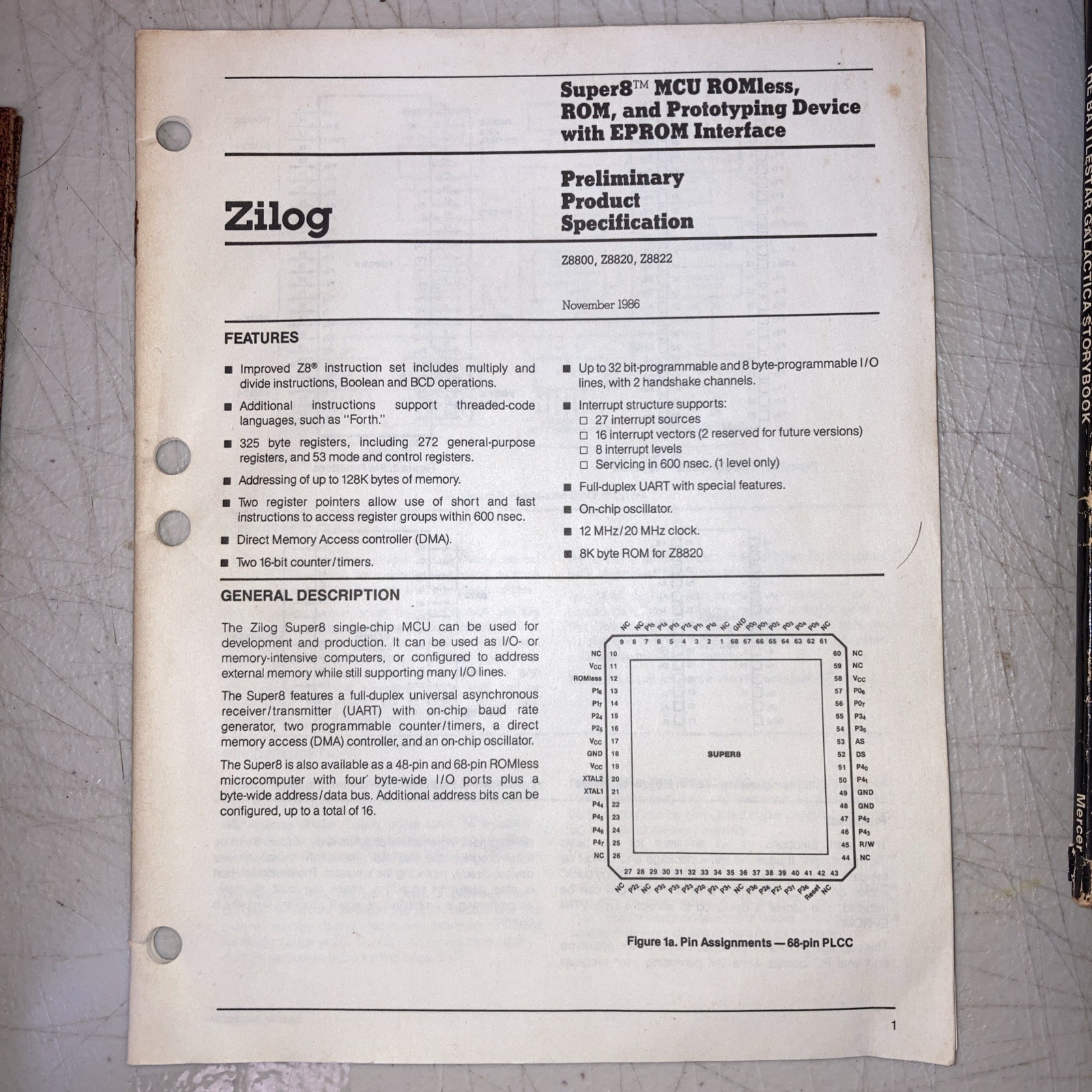 Vintage ZILOG Super8 MCU ROM EPROM SPECS. Manual Nov. 1986 Z8800 Z8820 Z8822