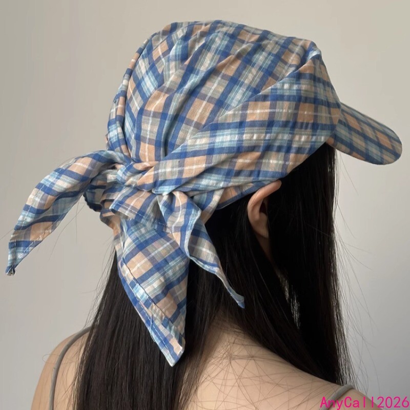 Women Check Plaid Lace Up Baseball Cap Turban Hat Sports Hip Hop Tie-back