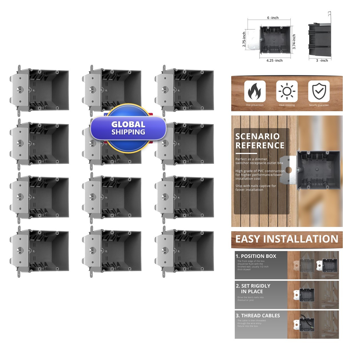 HXH Adjustable Plastic Box 2-Gang 34Cu.in Grey Outlet Box ETL Pack of 12