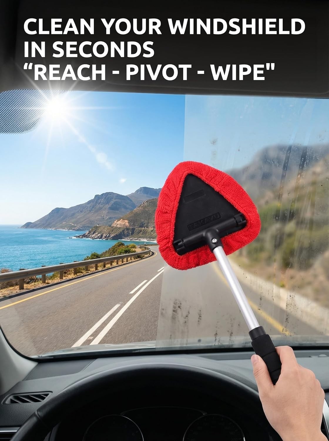 Windshield Cleaner Tool Extendable Long Handle Pivoting Head Microfiber Bonnets