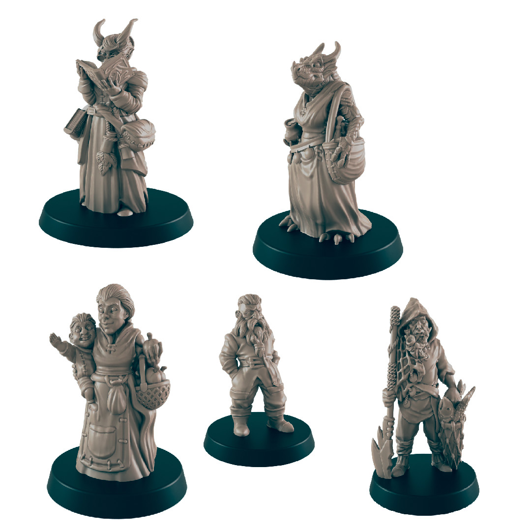 EC3D Every day Folk Commoners set1 X5  28mm Frostgrave DND Fantasy Kings of War