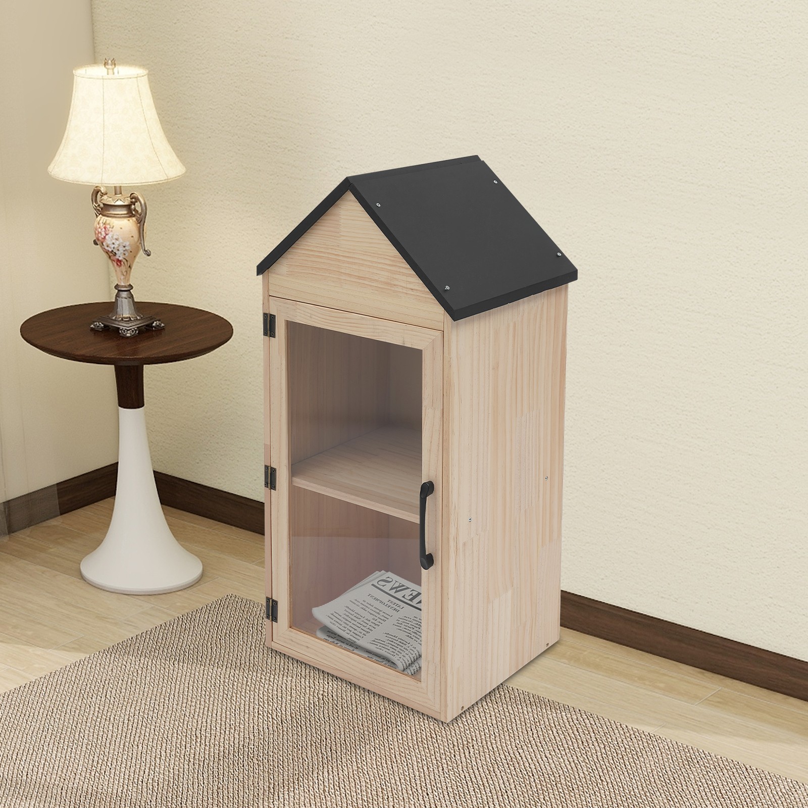 2-Tier Wooden Book Box Home Book Storage Box w/Door, Little Library Box Cabinet