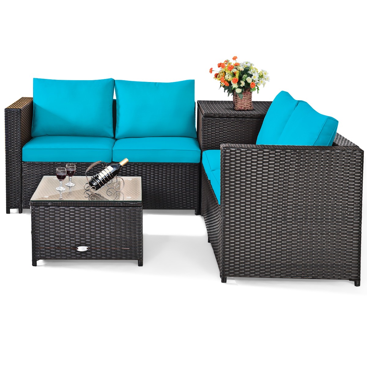 8PCS Outdoor Patio Rattan Furniture Set Cushion Loveseat Storage Table Turquoise