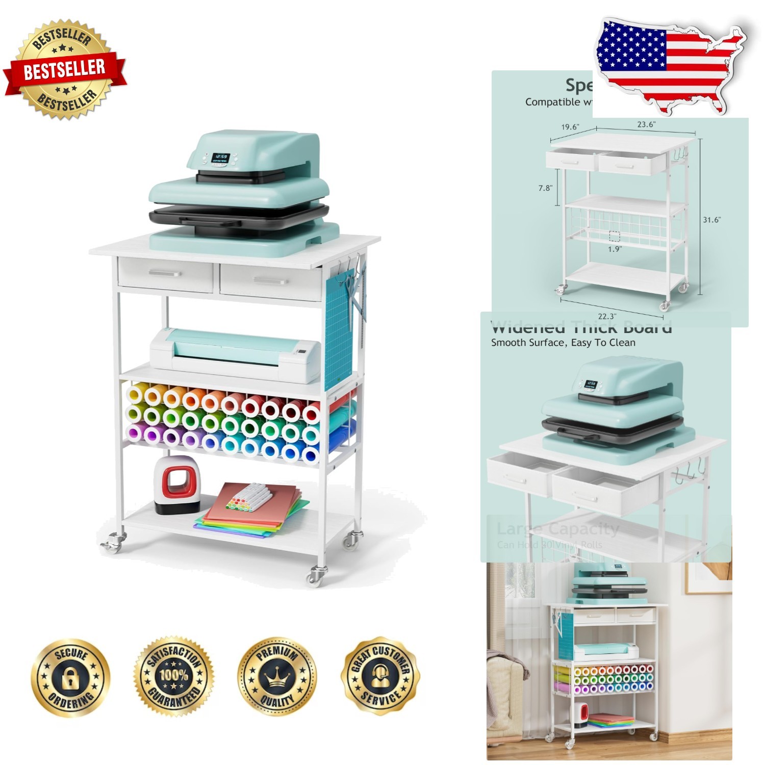 Heat Press Table Rolling Craft Station - White Wood Metal Organizer for Cricut
