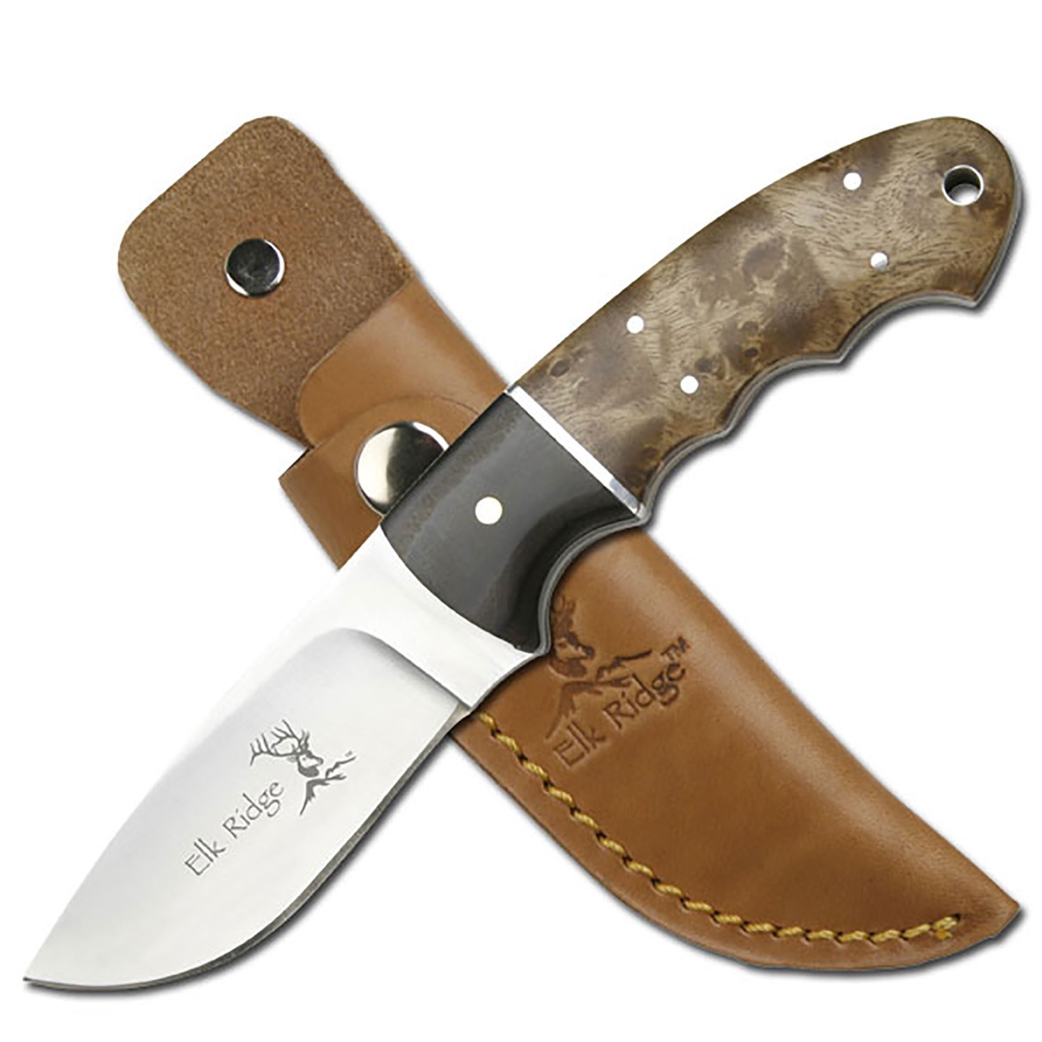 7.75" Elk Ridge Fixed Blade Full Tang Knife w/Wood Handle & Leather Sheath