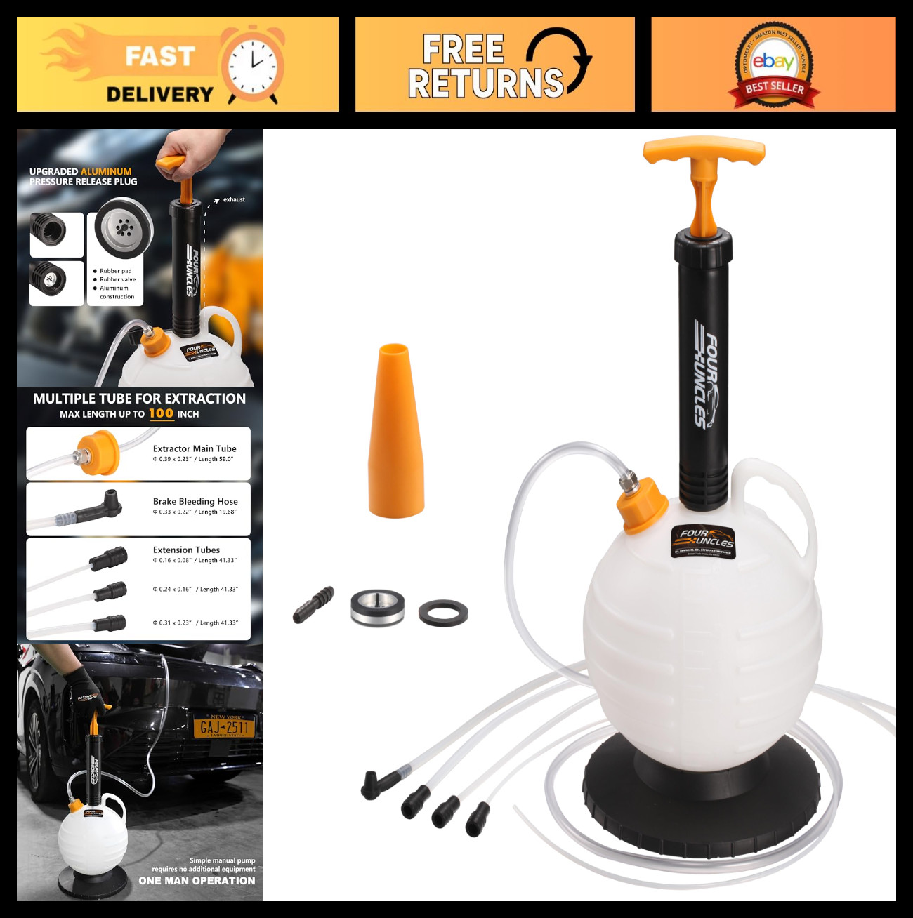 6L Manual Oil Extractor Pump - Fluid Extractor with 59" Hose & 3 Extension Tubes