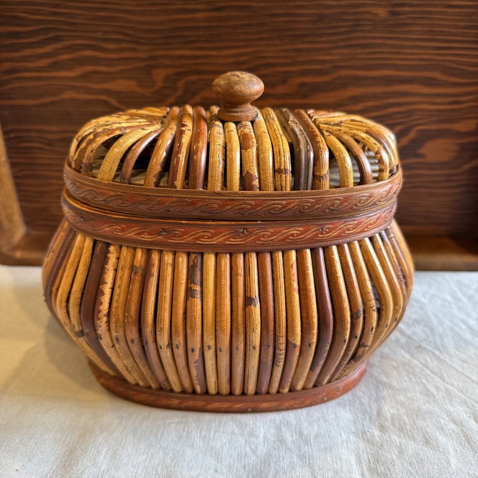 Decorative Rattan Wooden Oval Lidded Basket, Unique Home Decor