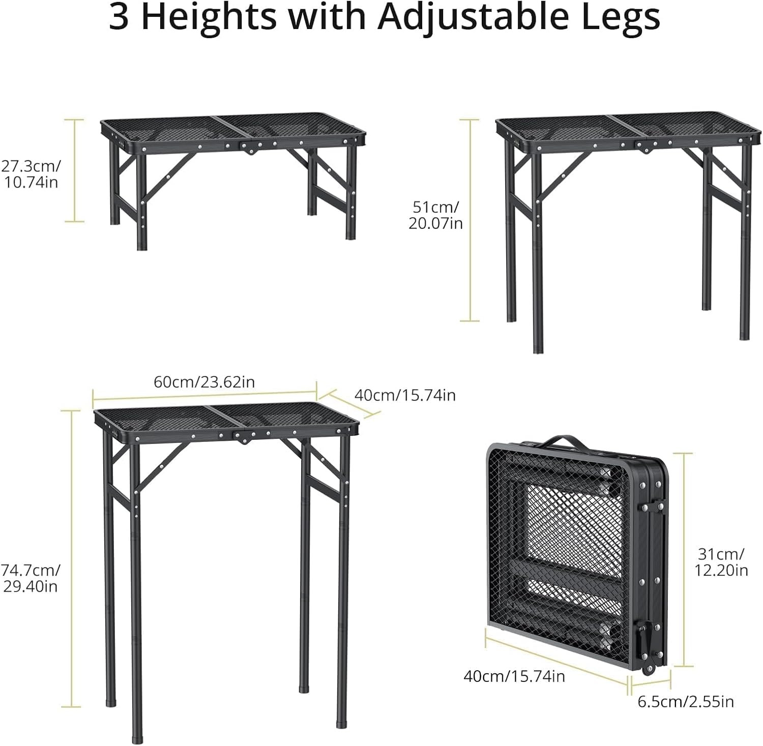 2Ft Portable Folding Grill Table with 3 Adjustable Heights