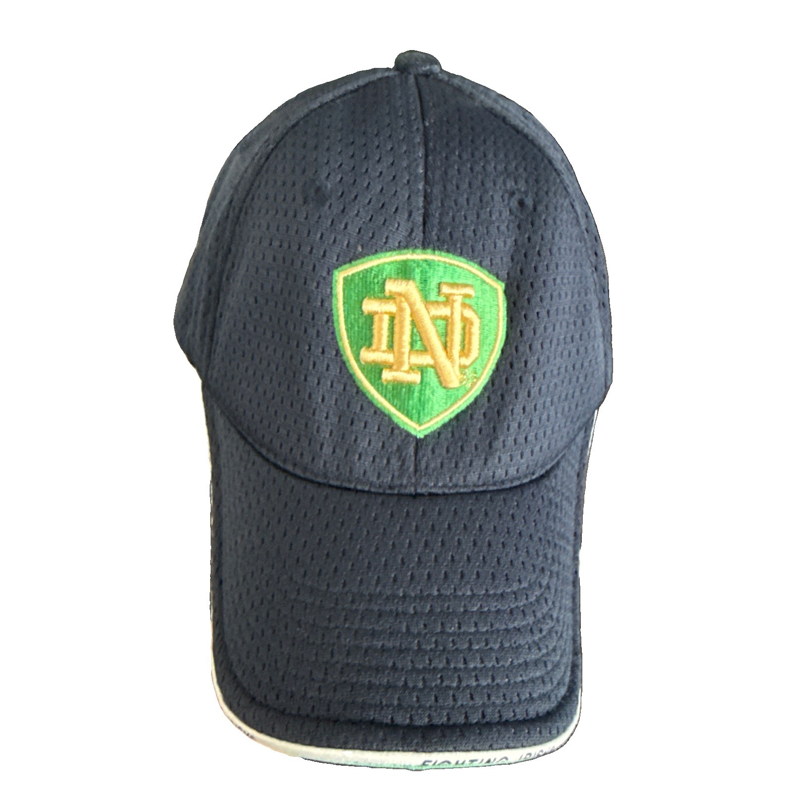 Notre Dame ND Gold Letters on Green Shield on Navy Adidas Hat Cap Hook Loop