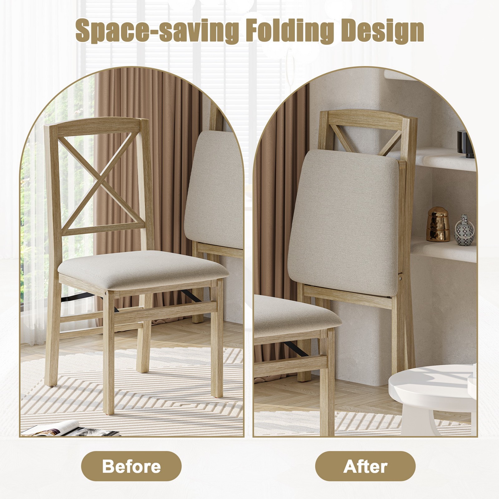 Folding Dining Chairs Set of 2 Upholstered Solid Wood Coffee Shop Chair X-Back