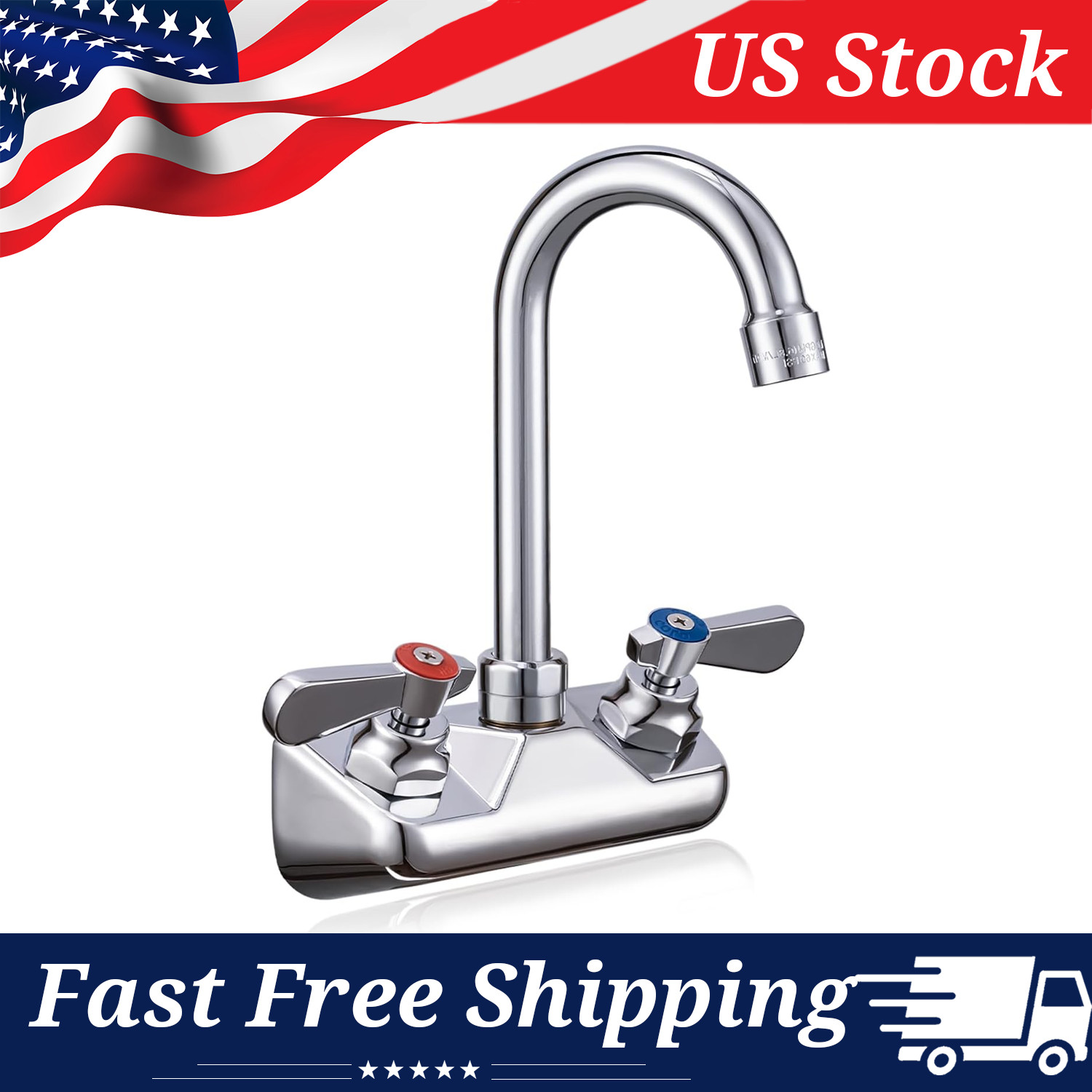 Hand Wash Sink Faucet Commercial Wall Mount 4" Center with Gooseneck Spout