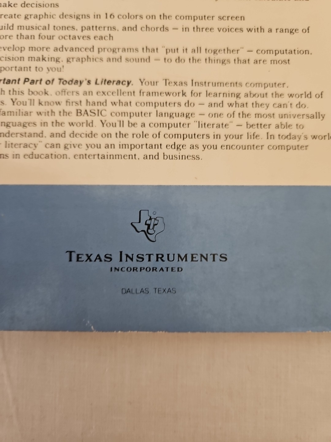 Vintage Texas Instruments TI-99/4A Computer Beginners Basic 1981 paperback Book
