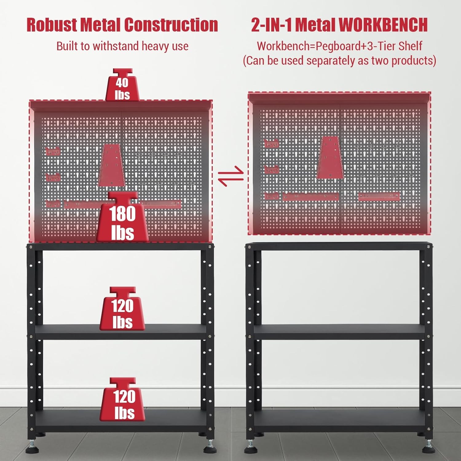 Workbench with Pegboard 32" Tool Organizer Metal Work Table Shelves Tool Holders