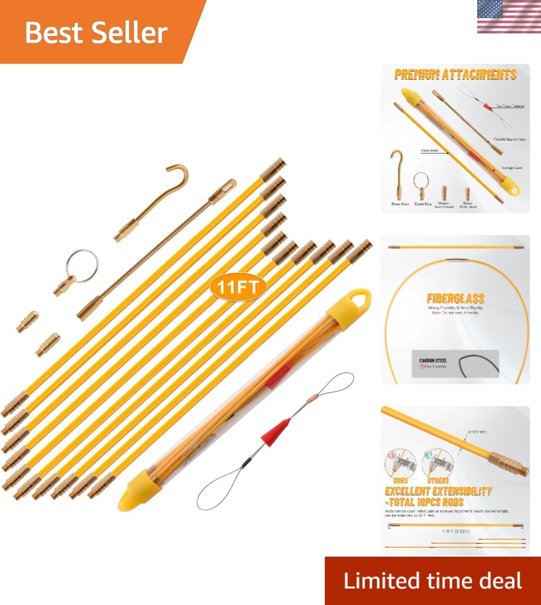 Efficient Wire Pulling Solution: 11FT Fiberglass Cable Rods with Storage Case