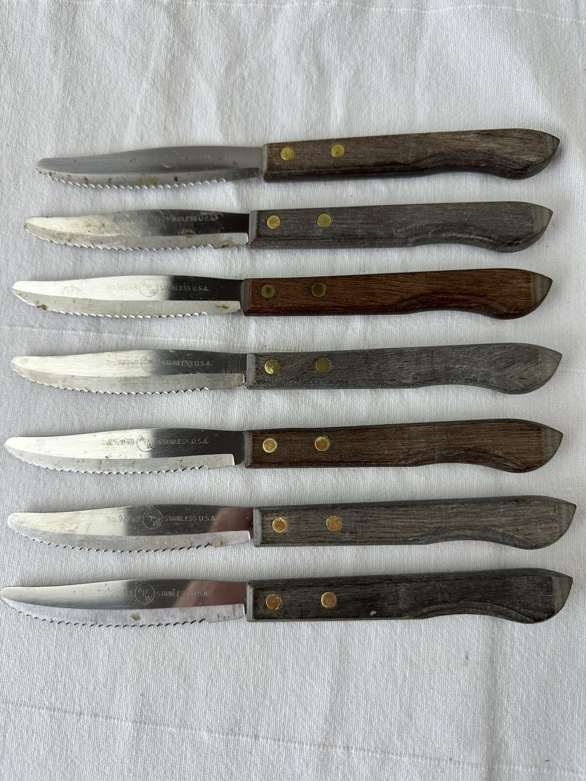 LOT OF 7 APW Steak Knife knives wood handle 3.5" blade vintage mid century
