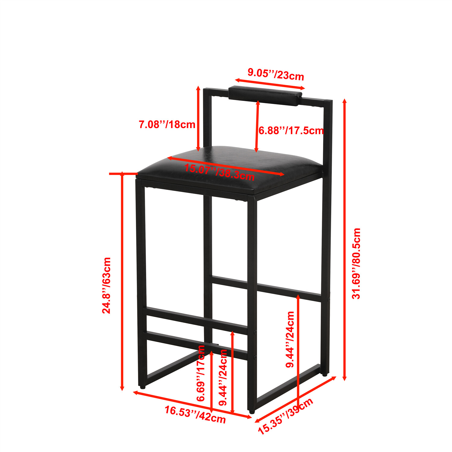 Set of 2 Bar Stoosl Counter Height PU Leather Bar Stools Dining Chair Black