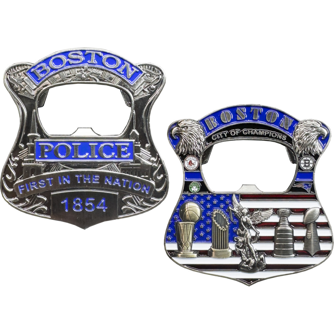 EL15-004 Boston Police City of Champions Challenge Coin St. Michael Bottle Opene