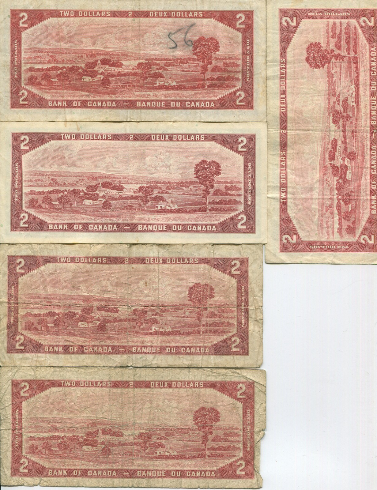 (5) 1954 Bank of Canada $2 Two Dollar Note SM378