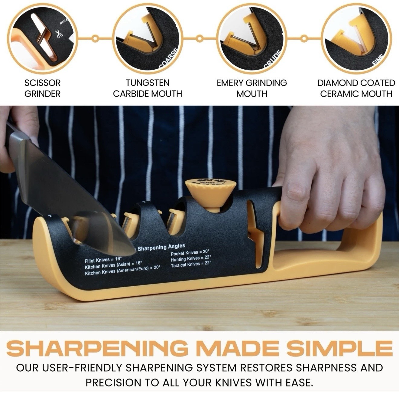 Knife Sharpener for Kitchen ; 4-in-1 Manual Sharpener, Adjustable Angle Guide