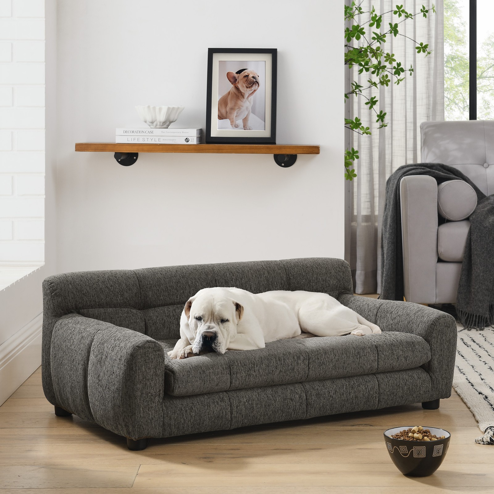 Soft Comfortable Pet Sofa Backrest Armrests Suitable for Small Medium Dogs Gray