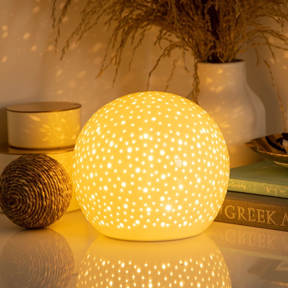 Pierced Ceramic Sphere LED Lamp Soft Warm White Battery Powered