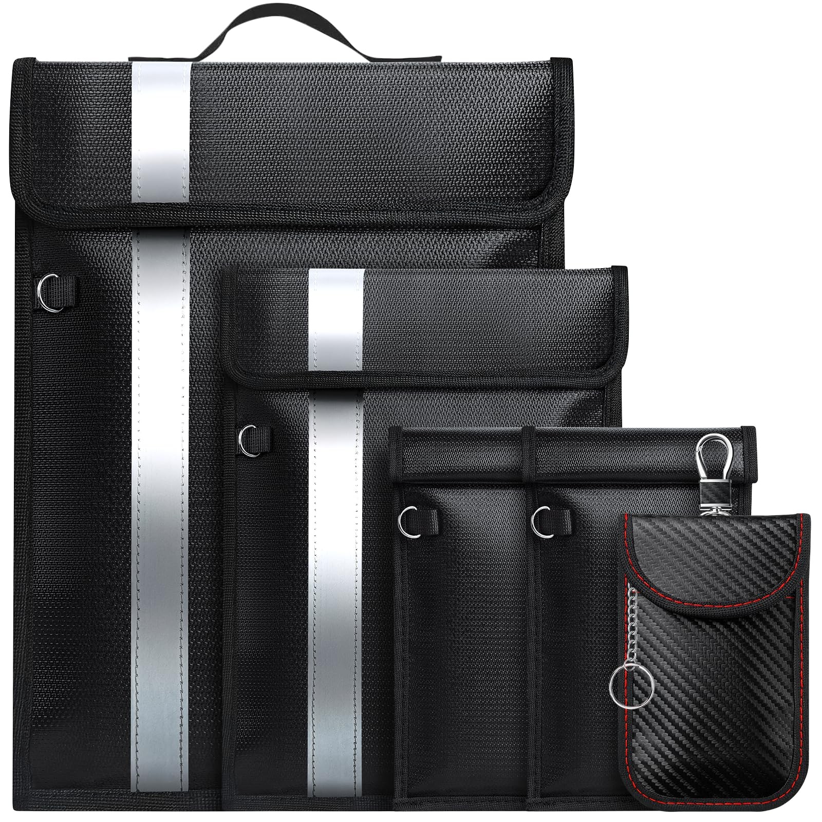Accommodates most equipment, black faraday bags and silver reflective strip