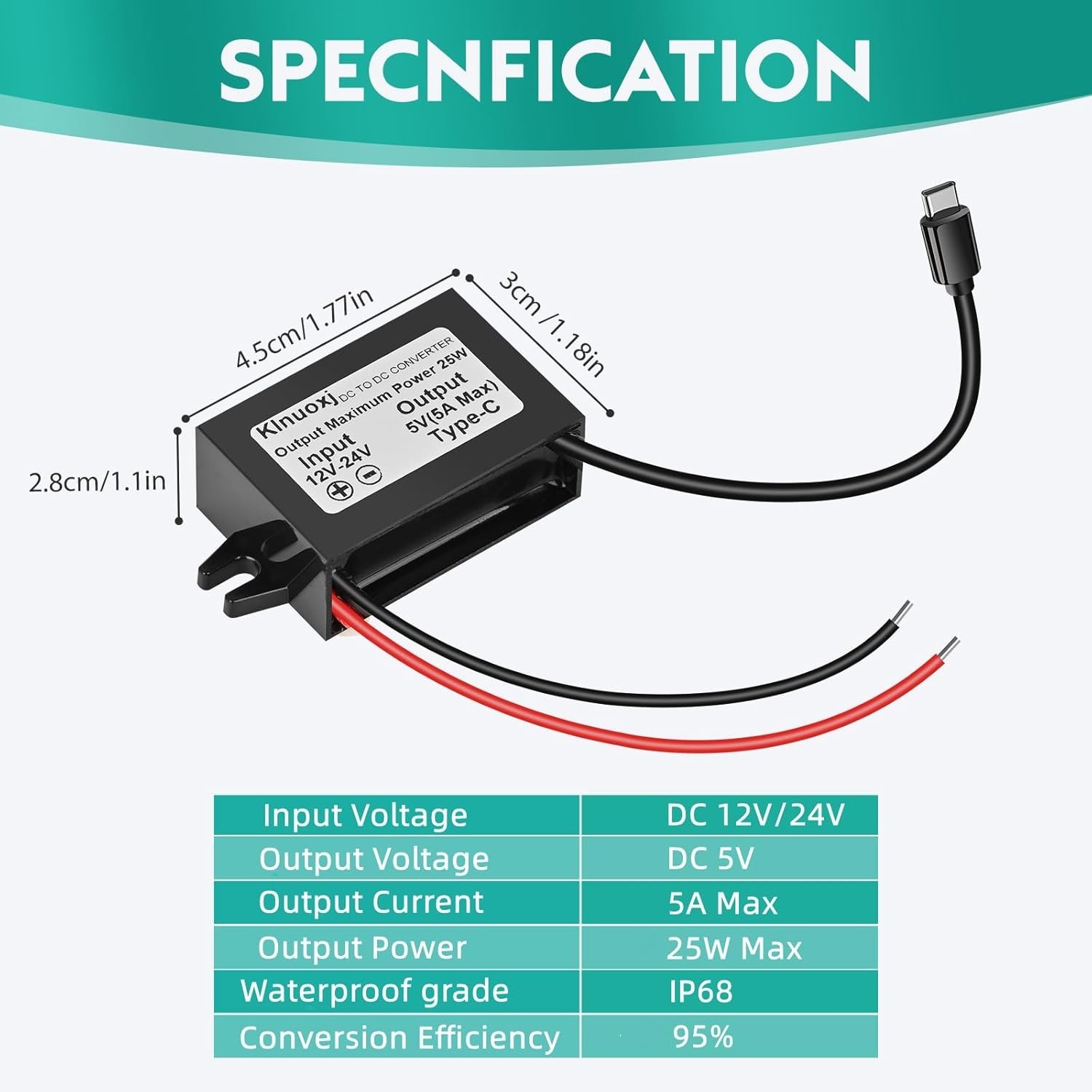 "DC 12V/24V to 5V USB C Step Down Converter Type-C Interface 5A 25W Waterproof.