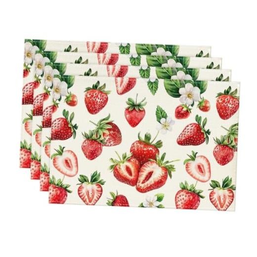 Strawberry Fruit Summer 12" x 18", Rectangular 4 Pcs Beige/Strawberry