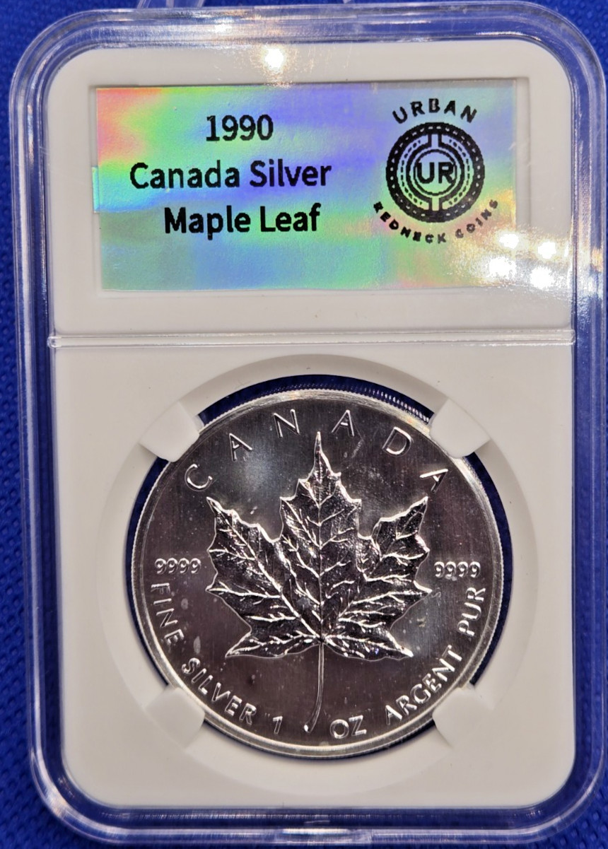 🍁Canada: 1990 $5 1oz 999 Silver - Maple Leaf Coin UNC in Slab- Scarce #424