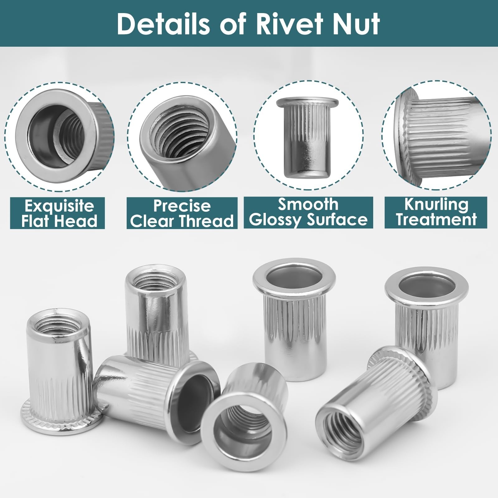 50Pcs M8 Rivet Nuts,Stainless Steel Threaded Rivet,Knurled Nutsert,Flat Head ...