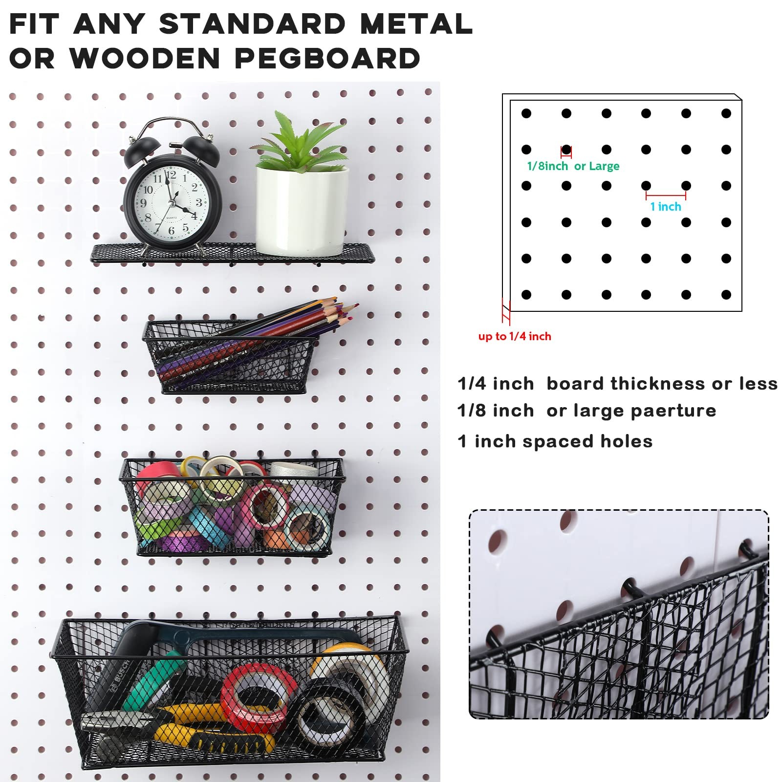 6 Pieces Pegboard Baskets Wall Mount Wire Peg Board Baskets 3 Sizes Pegboard ...