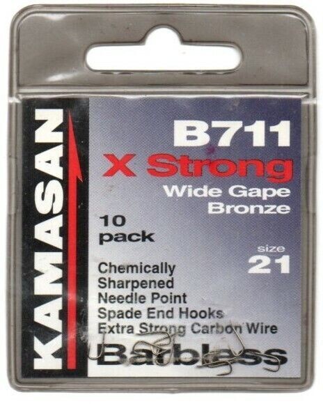 KAMASAN B711 X STRONG WIDE GAPE BRONZE BARBLESS HOOKS   Size 21's