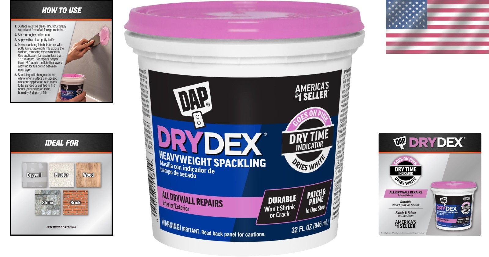 1 Qt DryDex Spackling Paste - Quick-Drying, No Priming for Interior/Exterior Use