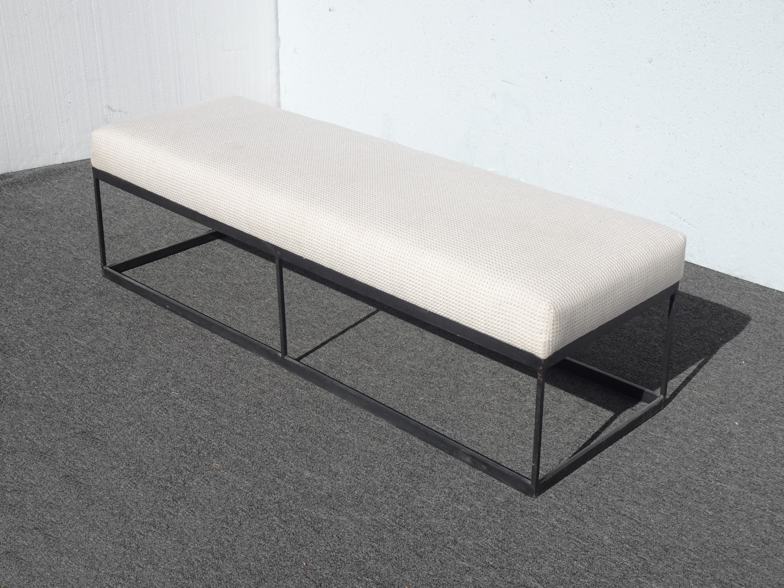 Modern White Bed Side Bench with Iron Base & Designer Fabric