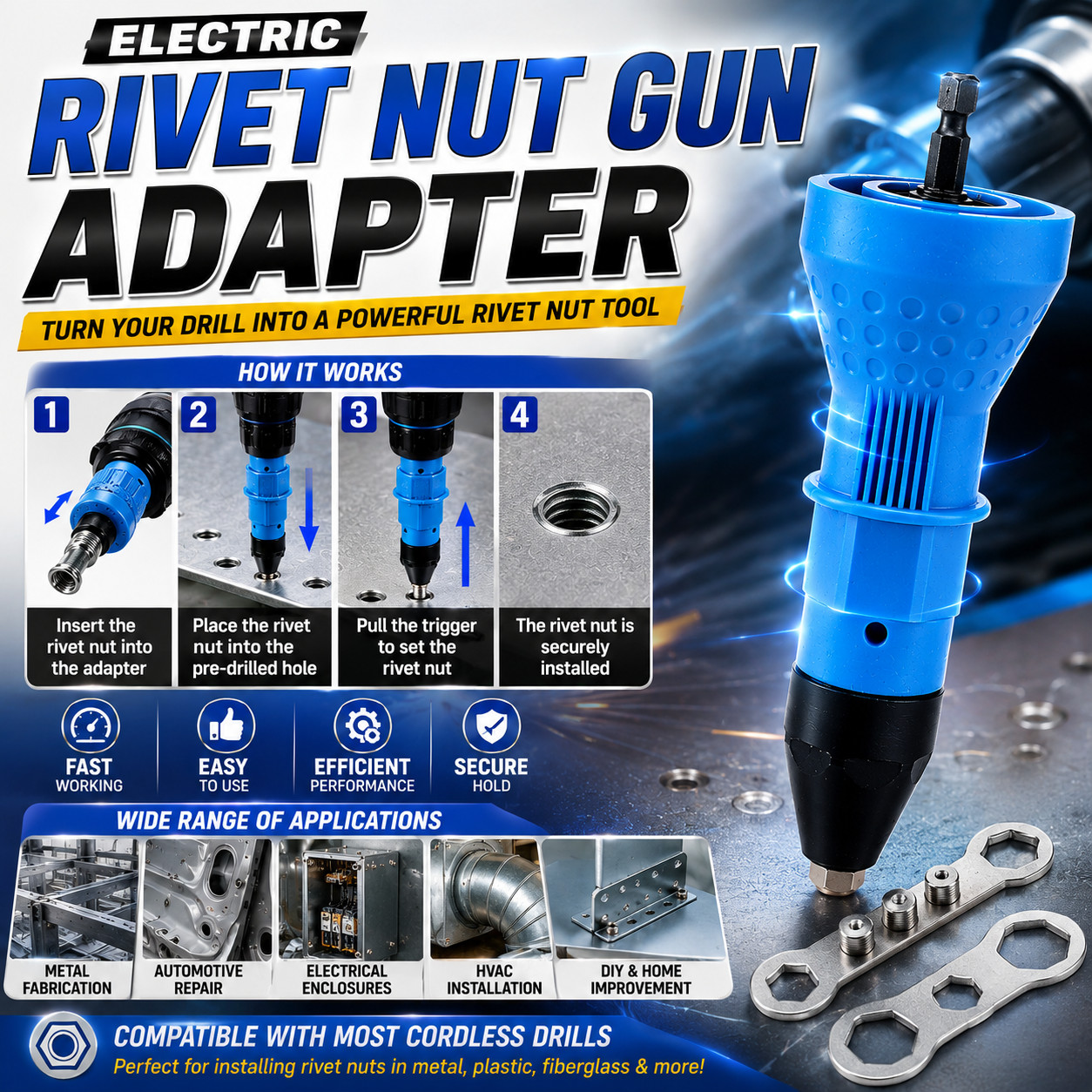 Electric Rivet Nut Gun Adapter Drill Riveter Tool Rivnut Insert Nut Setter Kit