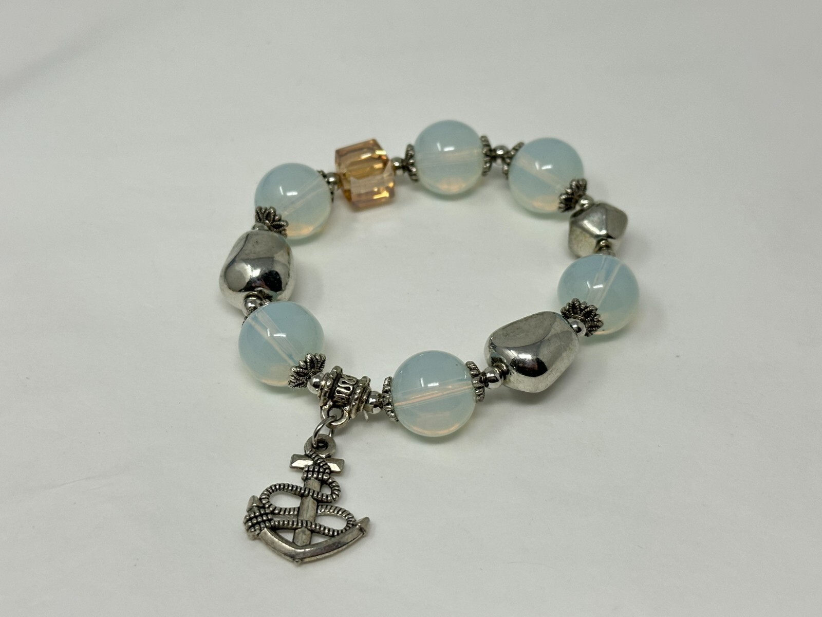 Beautiful Silvertone Milky Glass & Crystal Bead Anchor Charm Stretch Bracelet