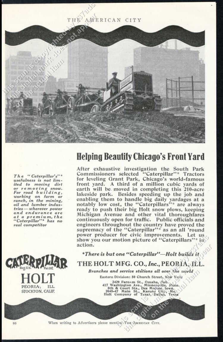 1921 Holt Caterpillar tractor crawler Grant Park Chicago photo vintage print ad