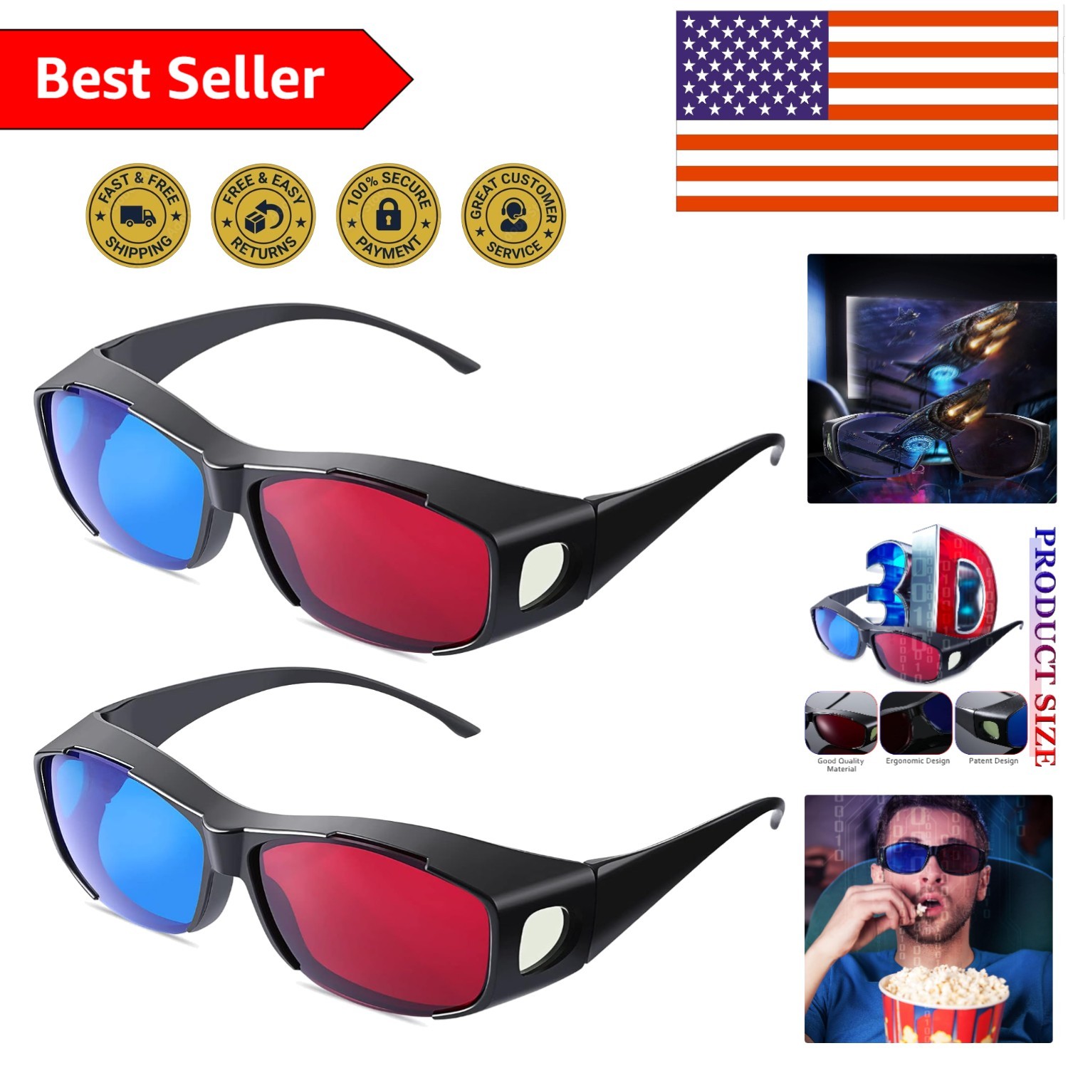 Durable Black Frame 3D Glasses - 2 Pieces Red Blue for an Immersive Experience