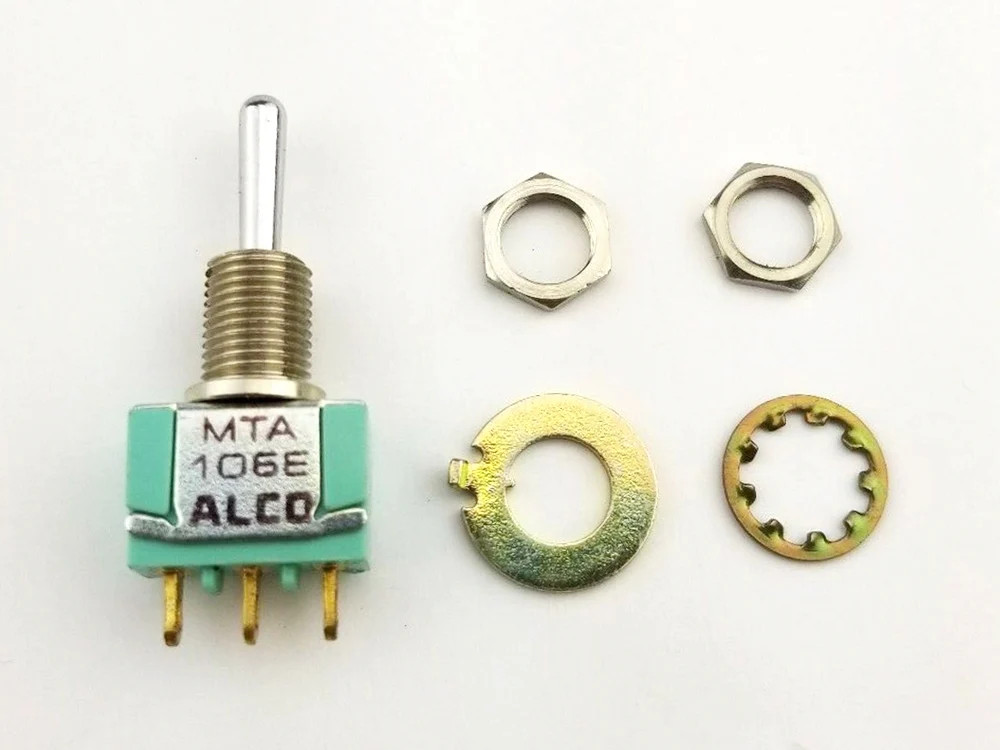 Alcoswitch MTA106E, SPDT ON-OFF-ON, Round Bat Mini Toggle 6A@125V, 4A@28V DC