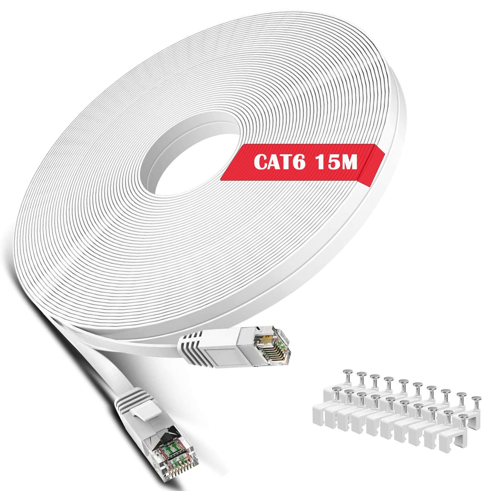 Cat 6 Ethernet Cable 50 ft White - Flat Internet Network LAN 50ft, white