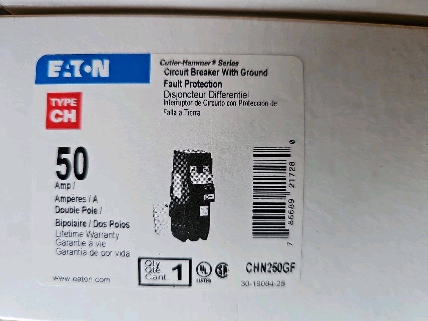 Eaton CHN250GF Type Ch 50-Amp Circuit Breaker With Ground Fault Protection