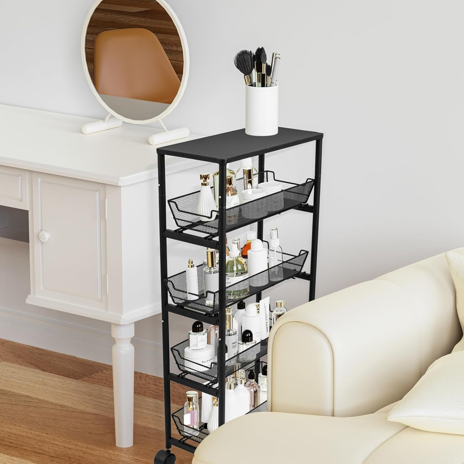 5-Tier Slim Storage Cart with Wheels, Rolling Utility Cart with 4 Pull-Out Mesh