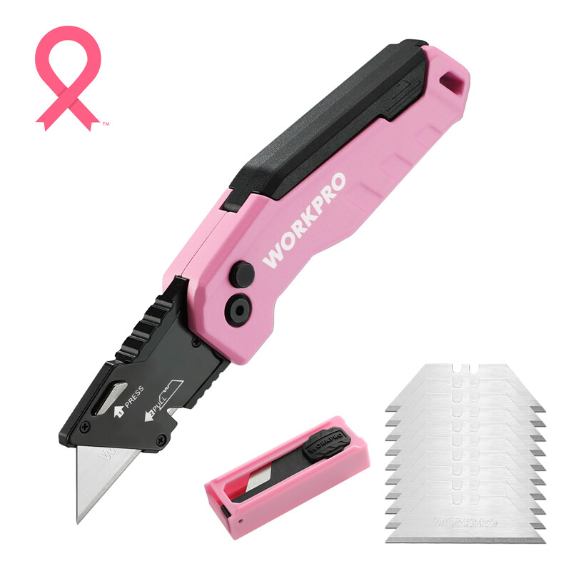 WORKPRO Folding Utility Knife Quick Change Box Cutter w/13PC Blade Red/Blue/Pink